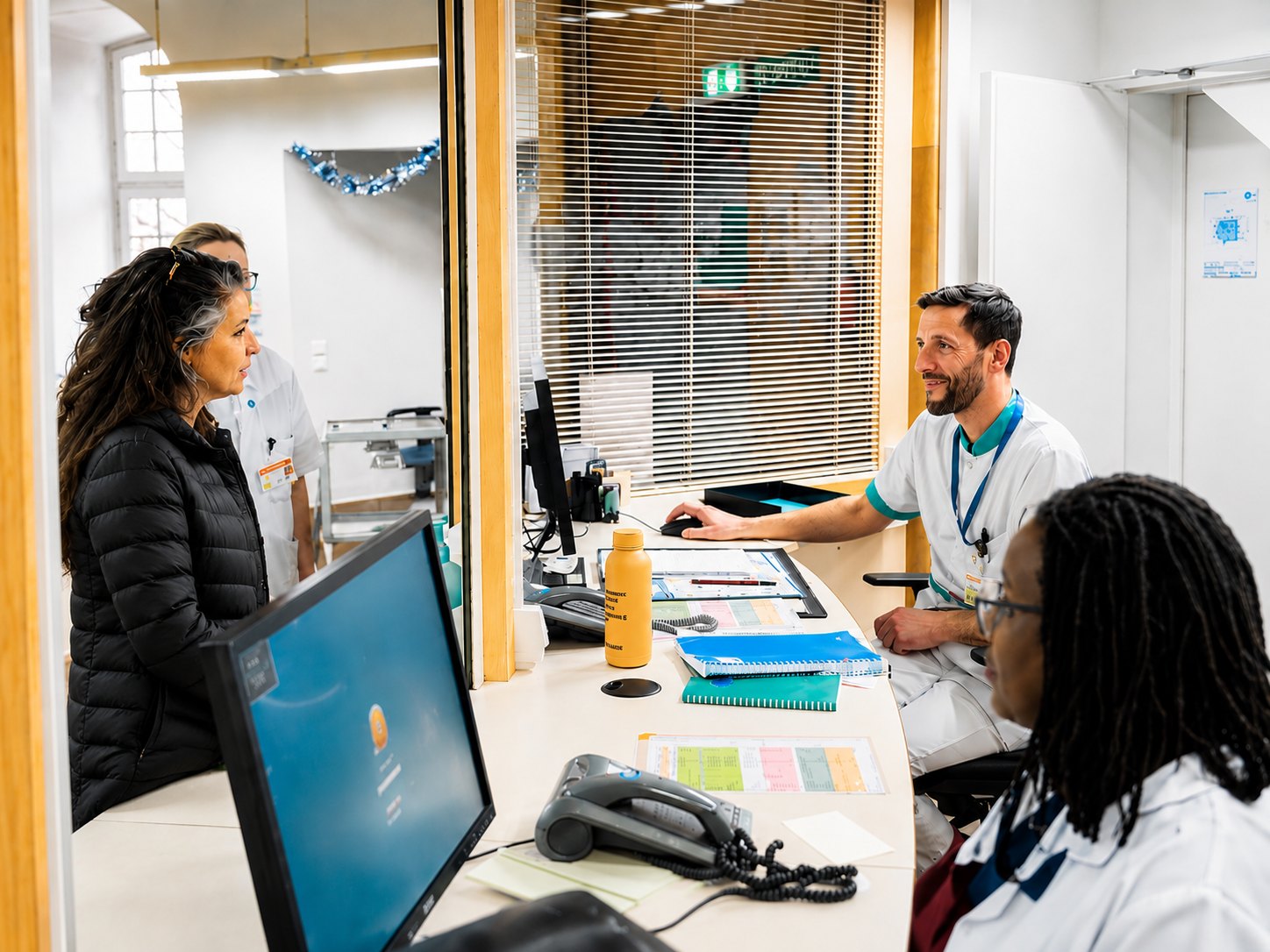 Une future admise échange avec deux soignants de l'INI au guichet d'accueil des admissions