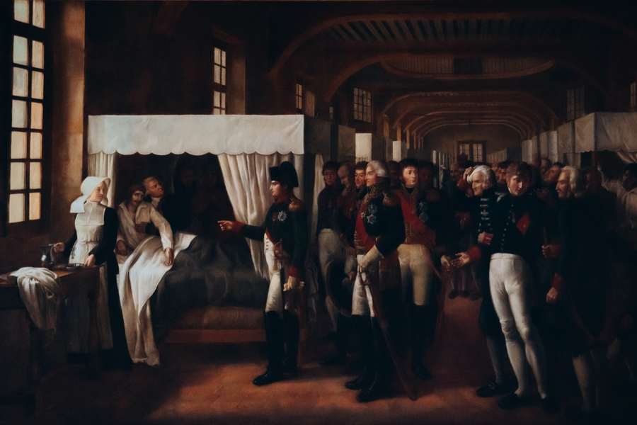 Peinture historique représentant la visite et les soins prodigués aux invalides de guerre